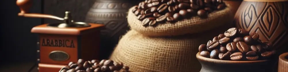 Arabica ve Robusta kahve çekirdeklerinin çuvallarda ve değirmen yanında görünümü