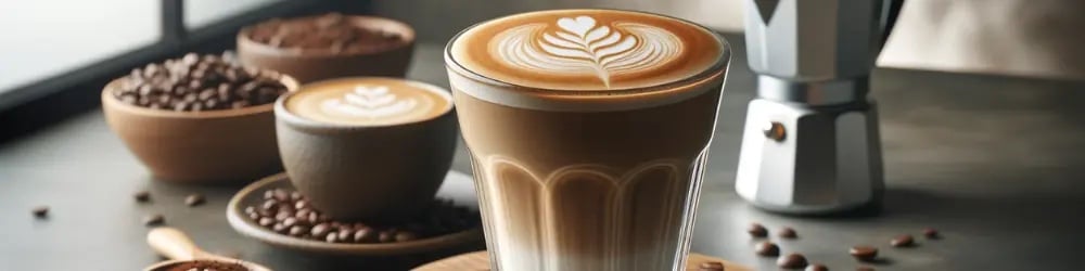 Kafein oranı yüksek kahve türleri için moka pot ve latte sunumu