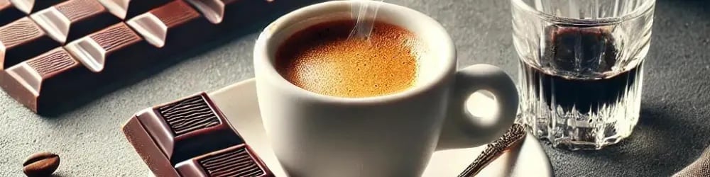 Kahve ve çikolata uyumunu gösteren espresso ve çikolata parçaları