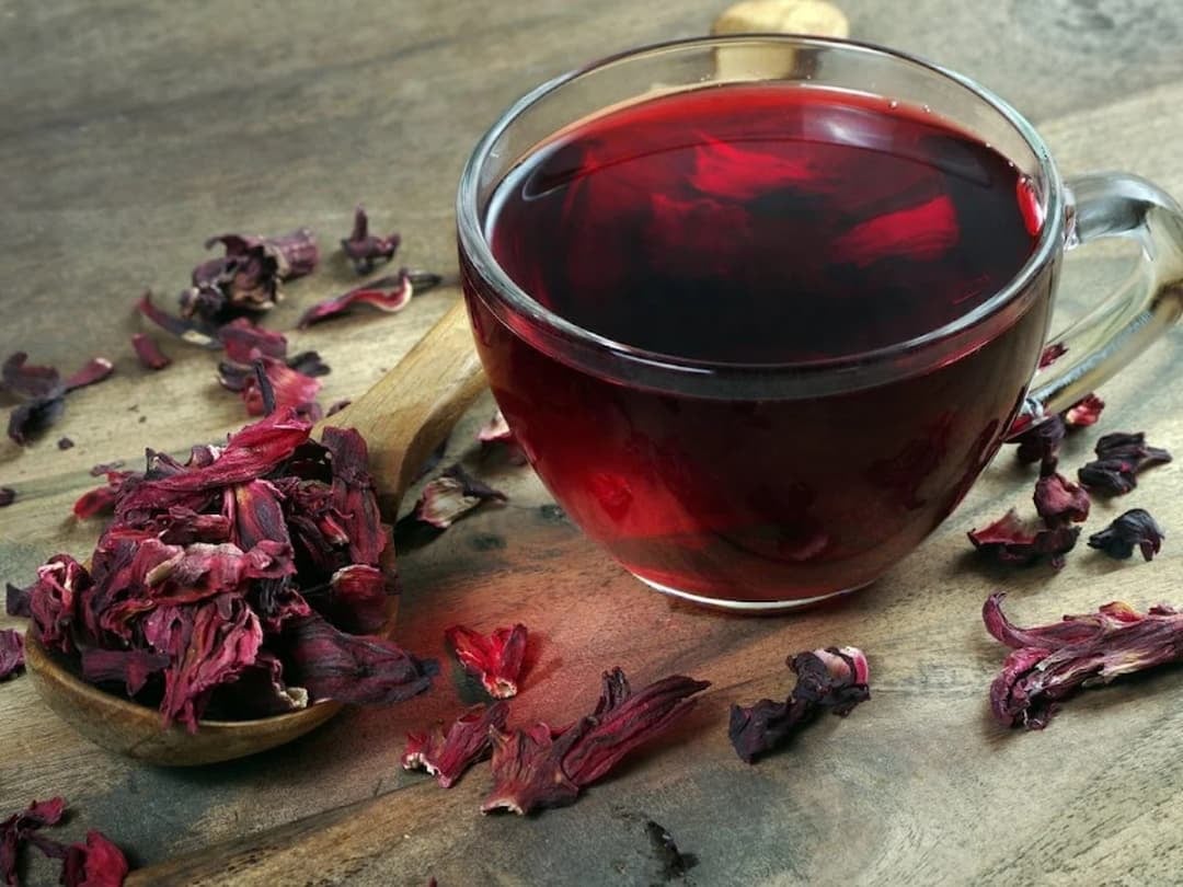 Kırmızı orman meyveleri çayına benzer hibiskus çayının fincanda sunumu