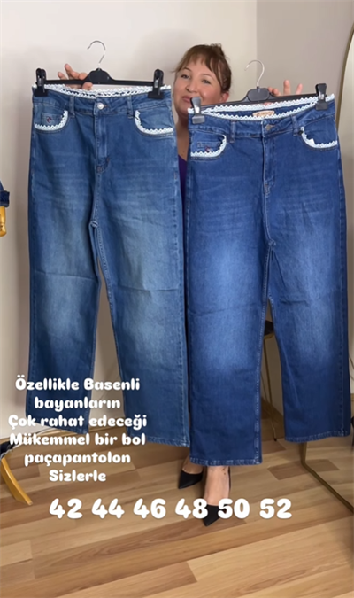 Büyük Beden Dantel Detaylı Bol Paça Kot Pantolon