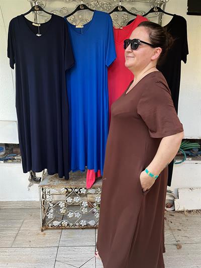 Büyük Beden V Yaka Basıc Elbise-NAR ÇİÇEĞİ