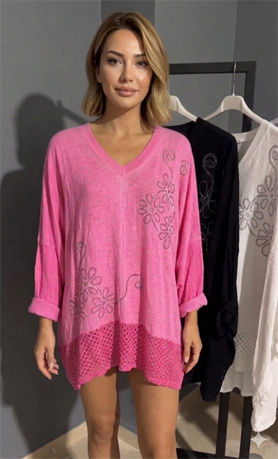 İtalyan Oversize Taş Detaylı Desenli Bluz