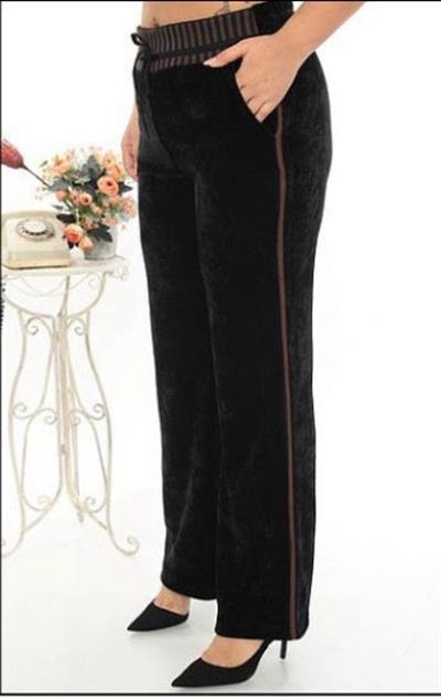 Kadife Kumaş Büyük Beden Palazzo Pantolon - SİYAH