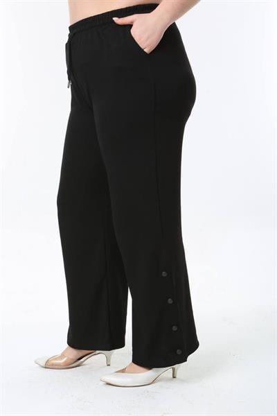 Paça Düğme Detaylı Bol Paça Siyah Pantolon