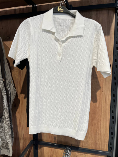 Polo Yaka Saç Örgü Kısa Kollu Triko Bluz