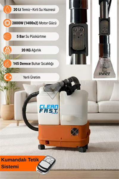 Cleanfast Titan 20L Kumandalı Profesyonel Çift Motorlu (1400x2) 2800W 5 Bar Buharlı Koltuk ve Halı Yıkama Makinesi