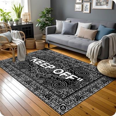 Siyah Beyaz KEEP OFF Yazılı Halı – Monokrom Modern Tasarım – Klasik Desenli Vintage Halı Modeli