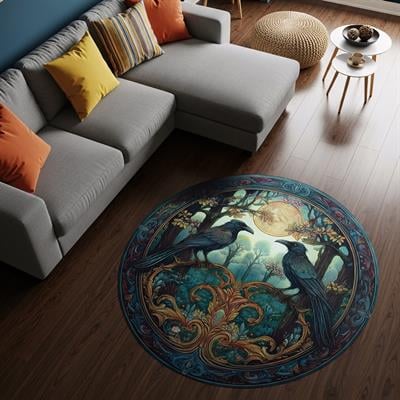 Yuvarlak Gotik Kuzgun Halı – Güneşli Orman Temalı Sanatsal Desen – Fantastik ve Doğa İllüstrasyonlu Zemin Halısı – Boho ve Mistik Dekorasyonlara Uygun Yuvarlak Halı – Kuzgun Figürlü Özgün Yer Aksesuarı