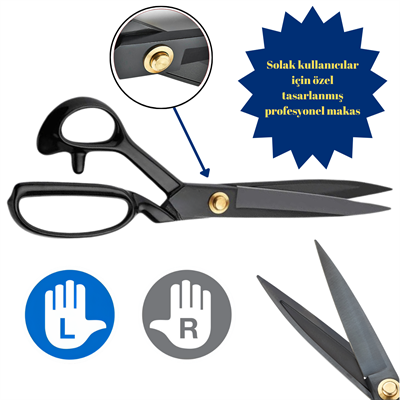 Pin-1104 Solak Kullanıma Özel Siyah Saplı Somunlu Kumaş Kesim Makası – 10″ (26 cm) | PIN-LEFT-10