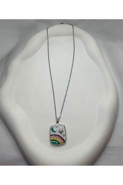 Güneş Gökkuşağı Ay Yıldız Tasarım Zirkon Taş Gümüş Silver Renk Çelik Kolye
