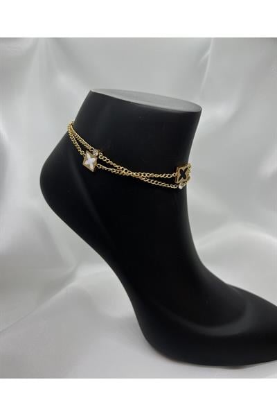 Minimal Modern Tasarım Çift Zincirli Zirkon Taşlı Kare Motifli Gold Altın Renk Çelik Halhal