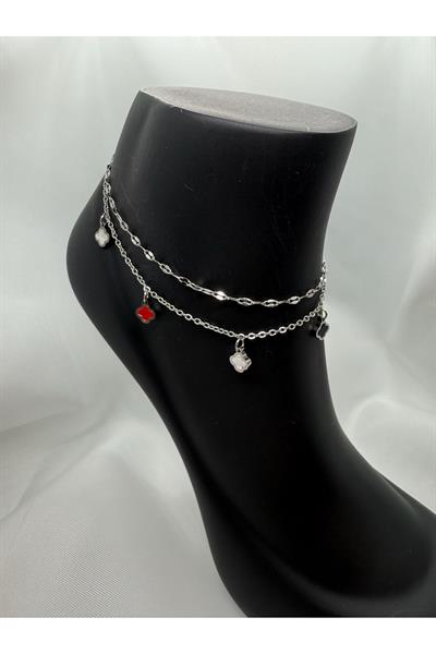 Renkli Yonca Figürlü Çift Zincir Gümüş Silver Renk Çelik Halhal