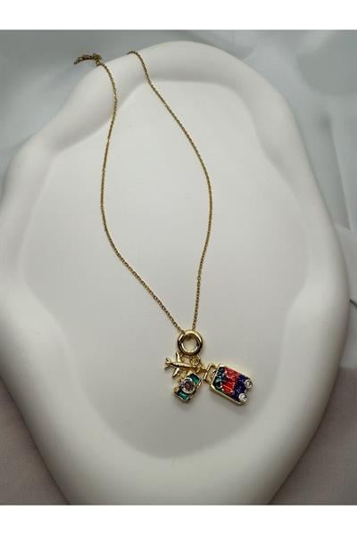 Uçak Bavul Figürlü Charmlı Seyahat Kolye Çelik Altın Gold Renk Zirkon Taşlı