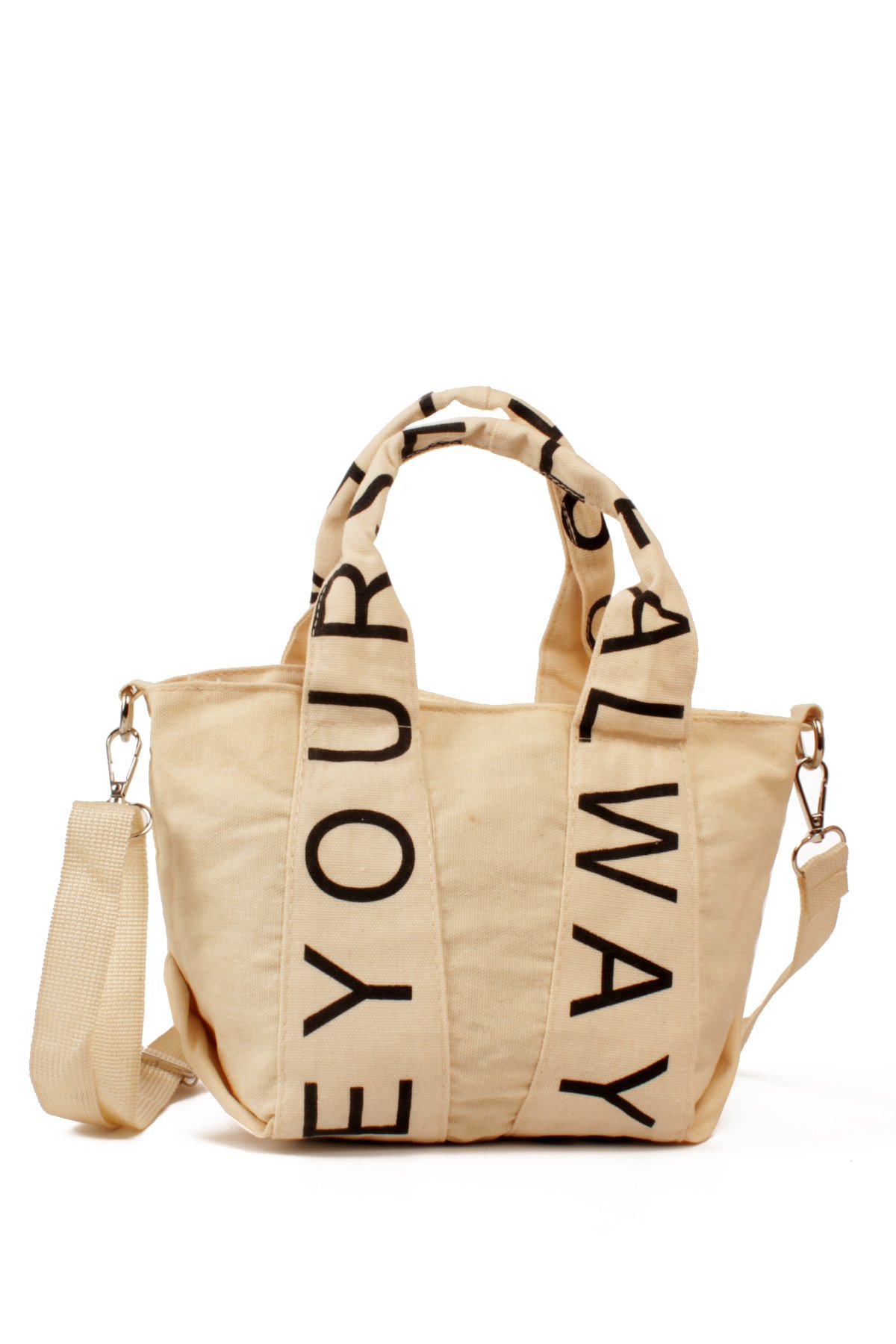 LWE10842-KrmTalhaLuwwe Bag'sKadın Kanvas Salaş Tarz Yazı Detaylı Omuz Askılı Çıt Çıt Kapama Mini Boy El-Omuz Tote Çanta (10842)