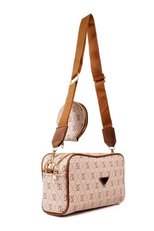 LWE1845-SyhTalhaLuwwe Bag'sKadın İki Bölmeli Desenli Deri Pramit Logolu Dokuma Kolon Askılı Omuz Çantası (1845)