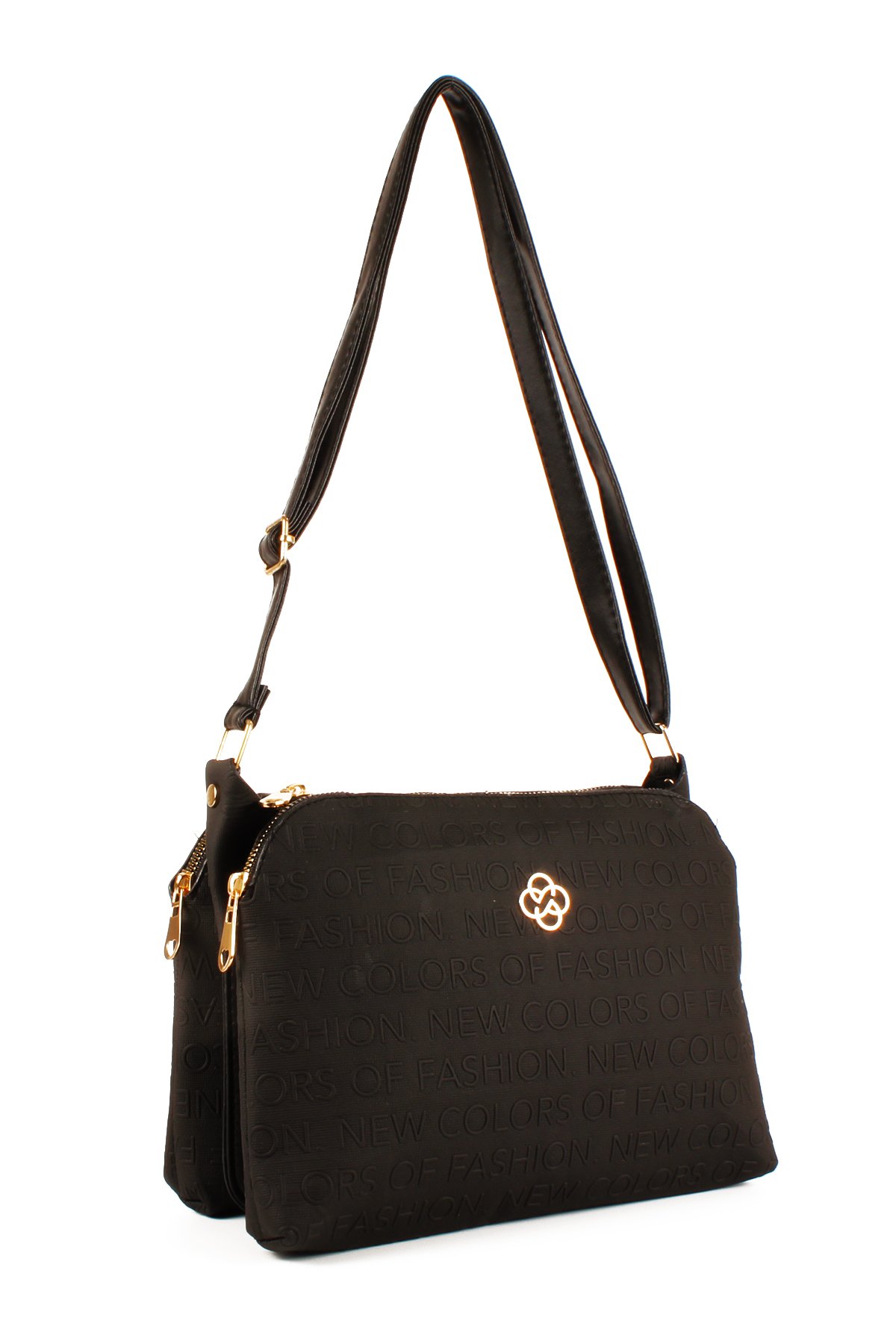 LWE1724-SyhTalhaLuwwe Bag'sKadın Üç Bölmeli Fermuarlı Yazı Detaylı Yoncalı Omuz Çantası (1724)