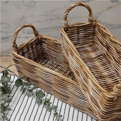 Dikdörtgen Kulplu Dekoratif Sepet / Bohem Sepet 