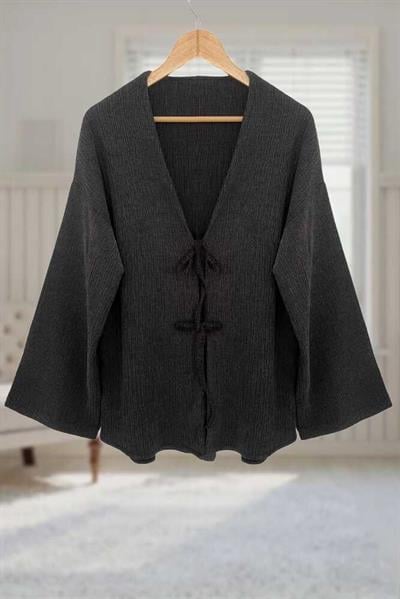 Antrasit Bürümcük Önü Bağlamalı Kimono Tunik / Likralı Ütü İstemezKumaş