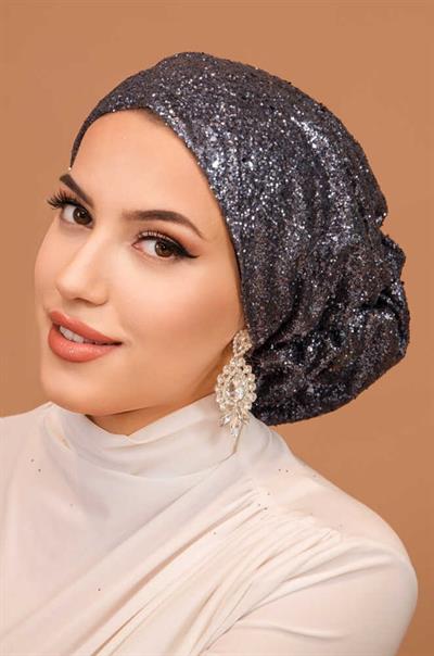Antrasit Simli Çağla Abiye Hazır Türban Bone