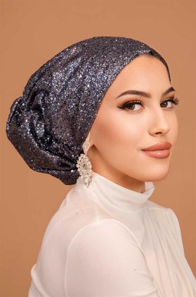 Antrasit Simli Çağla Abiye Hazır Türban Bone