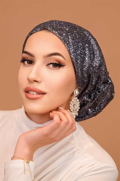 Antrasit Simli Çağla Abiye Hazır Türban Bone