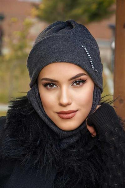 Antrasit Taşlı Maskeli Bere