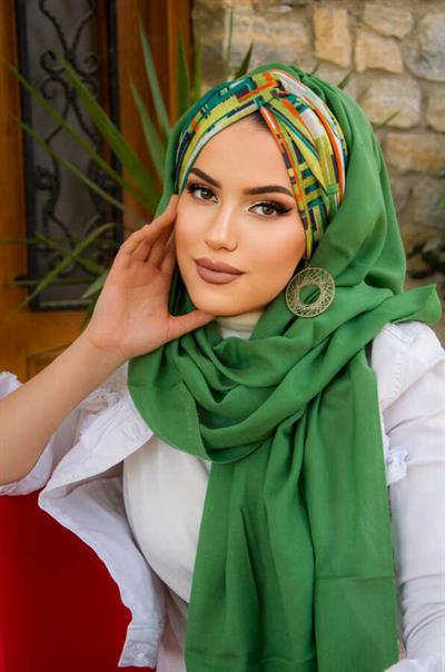 Bahar Yeşili Geometrik Desen Burgu Hazır  Şal