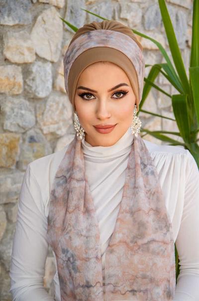 Bej Ebruli Desen Fularlı Bone