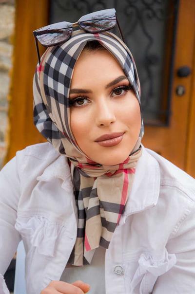 Bej Ekose Desenli Tak Çık Hazır Eşarp