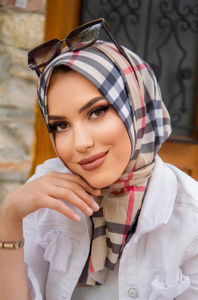 Bej Ekose Desenli Tak Çık Hazır Eşarp