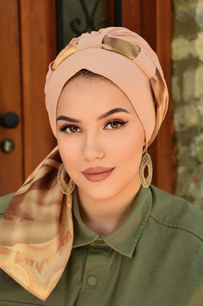 Bej Gül Çiçek Desen Fularlı Bone