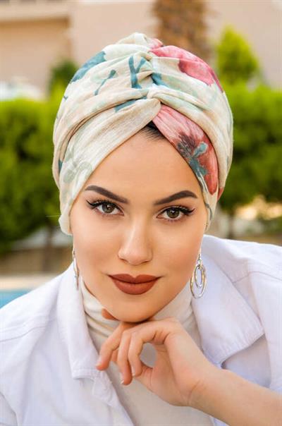 Bej Haki Çiçek Desenli Burgu Bone