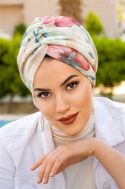 Bej Haki Çiçek Desenli Burgu Bone