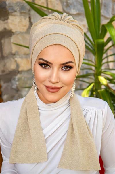 Bej Hazır Işıltılı Atkılı Bone