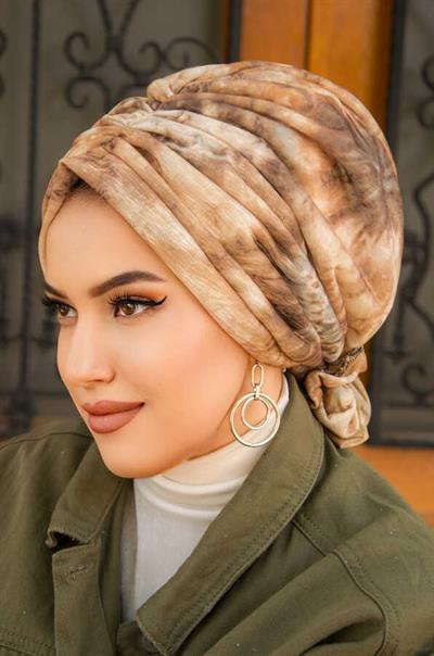 Bej Kahve Batik Desen Tokalı Bone