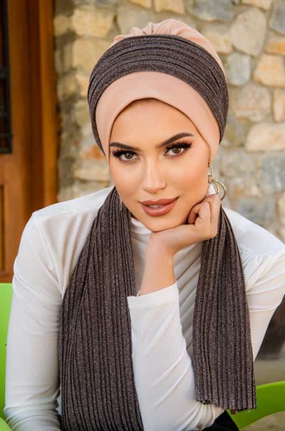 Bej Kahve Desen Fularlı Bone