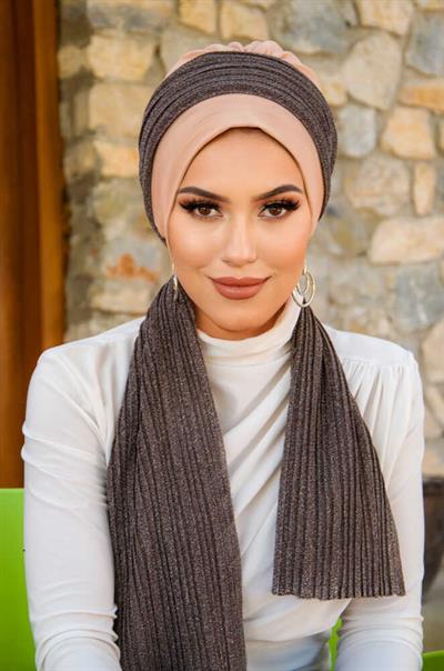 Bej Kahve Desen Fularlı Bone