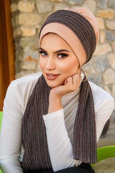 Bej Kahve Desen Fularlı Bone