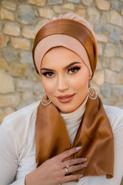 Bej Karamel Saten Fularlı Bone
