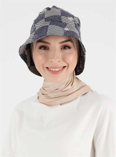 Bej Lacivert Desenli Bucket Şapka