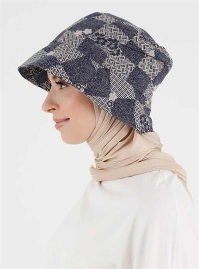 Bej Lacivert Desenli Bucket Şapka