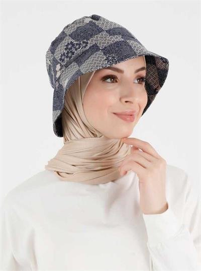 Bej Lacivert Desenli Bucket Şapka