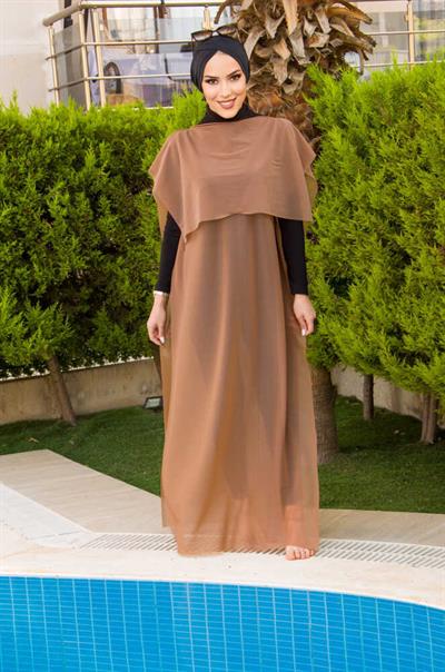 Bej Pelerinli Tesettür Pareo