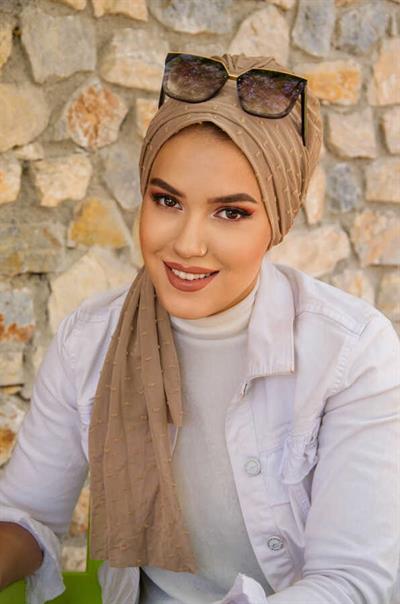 Bej Ponpon Atkılı Tesettür Bone