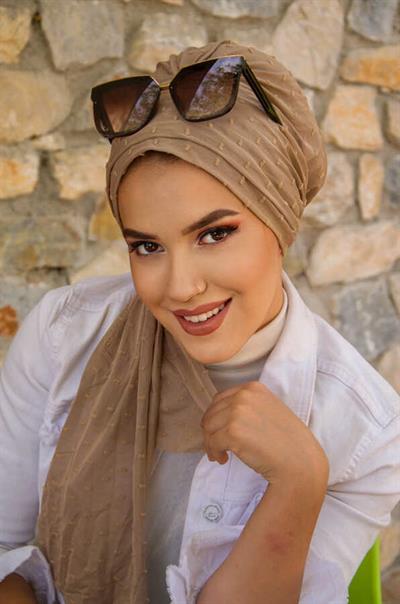 Bej Ponpon Atkılı Tesettür Bone