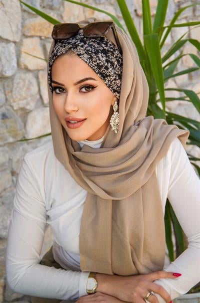 Bej Siyah Çiçek Desen Hazır Şal