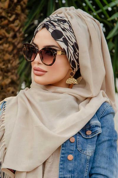 Bej Siyah Desenli Büzgülü Hazır Şal