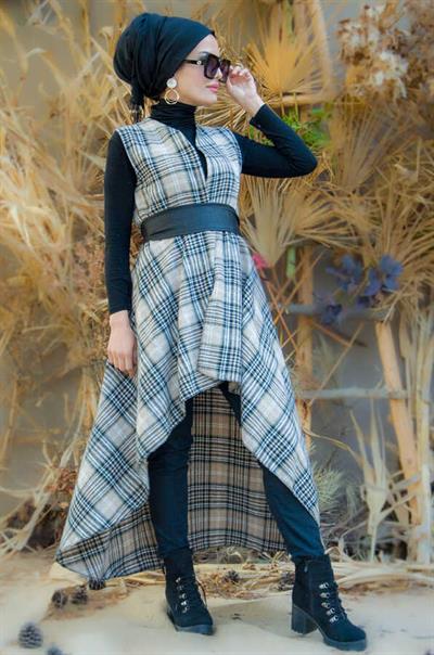 Bej Siyah Ekoseli Yelek