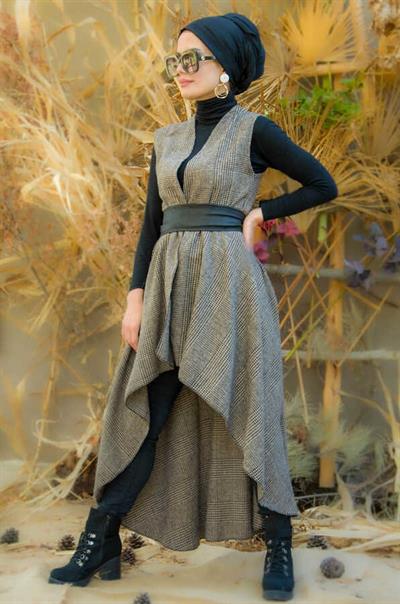 Bej Siyah Kareli Yelek